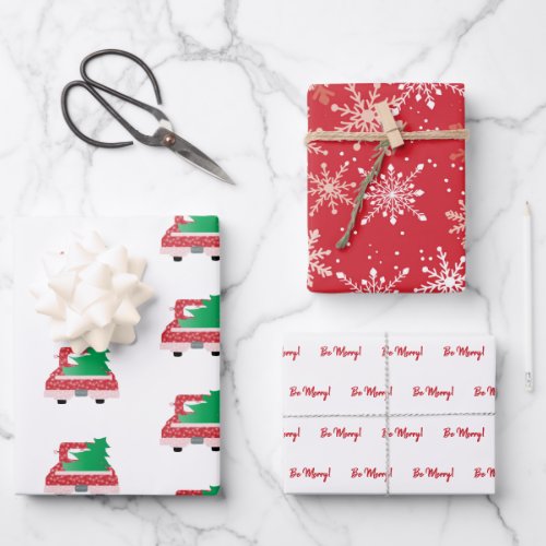 Be MERRY Vintage Red Truck and Snowflakes Wrapping Paper Sheets