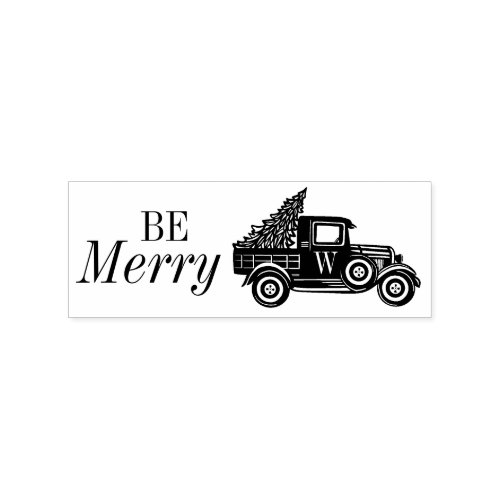 Be Merry  Vintage Truck  Christmas Tree Monogram Rubber Stamp