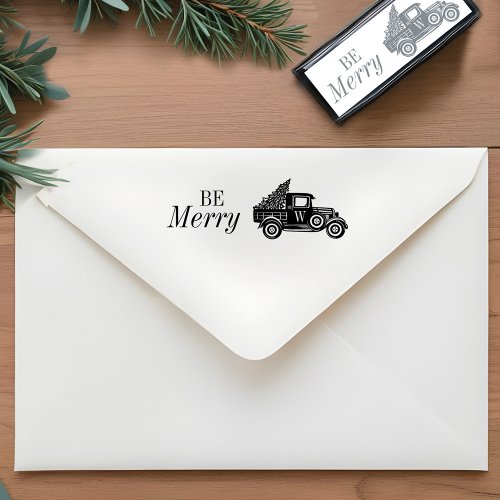 Be Merry  Vintage Truck  Christmas Tree Monogram Self_inking Stamp