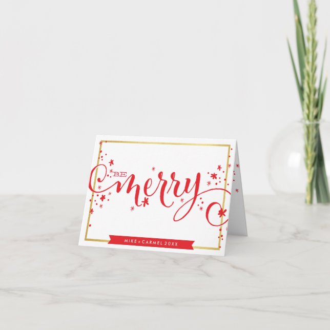 BE MERRY whimsical holiday greeting gold border (Front)