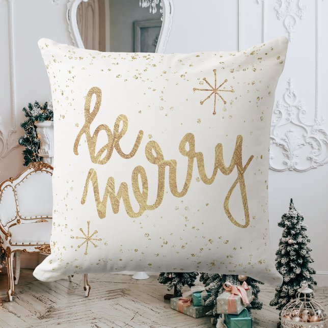 Be Merry White and Gold Christmas Throw Pillow (Be Merry - White and Gold - Christmas Throw Pillow)