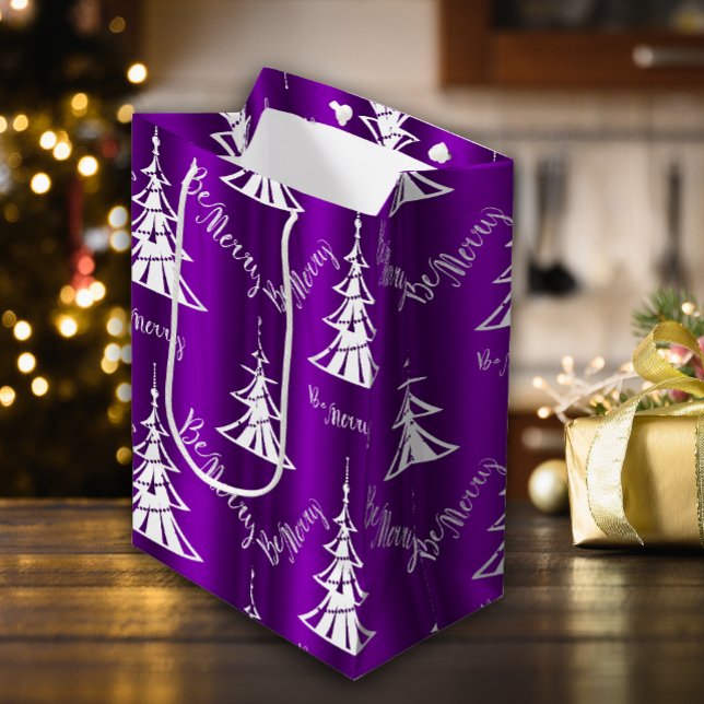 Be Merry White Christmas Trees Purple  Medium Gift Bag (Creator Uploaded)