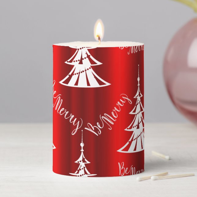 Be Merry White Xmas Trees Red Christmas Pillar Candle (In Situ)