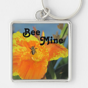 Be Mine Bee Pun Bright Orange Flower Photo Floral Keychain