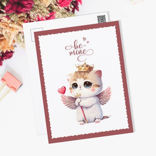 Be Mine Chibi Cat Angel Wings Kitten Valentine Holiday Postcard
