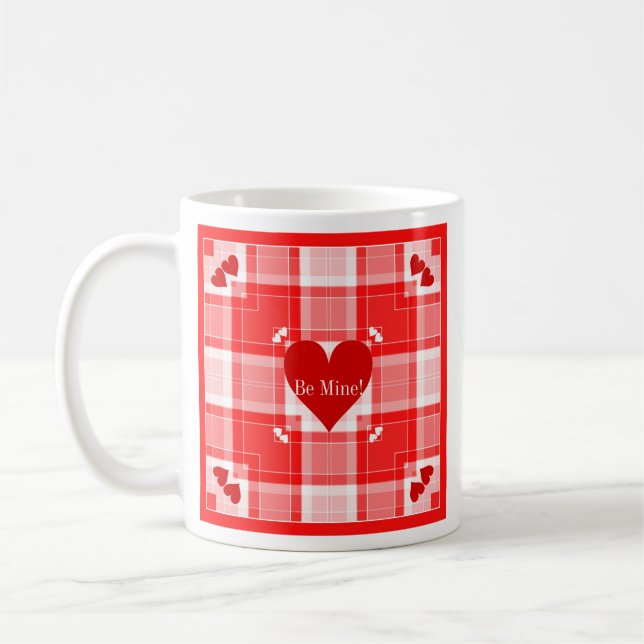 Be Mine! Cups, Mugs, Red Heart Plaid Coffee Mug (Left)