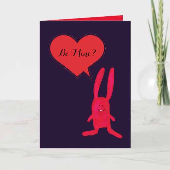 Be Mine? Cute Red Bunny Valentine's Day Card (Front)