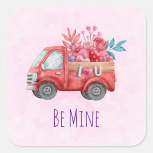 Be Mine Cute Red Love Truck Watercolor Square Sticker
