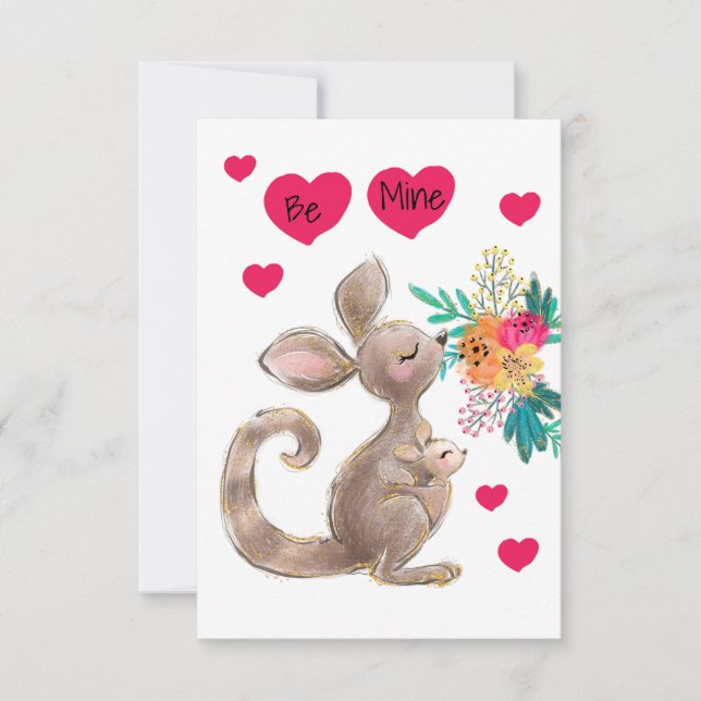 Be Mine Mom & Baby Kangaroo Child's Valentine Card (Front)