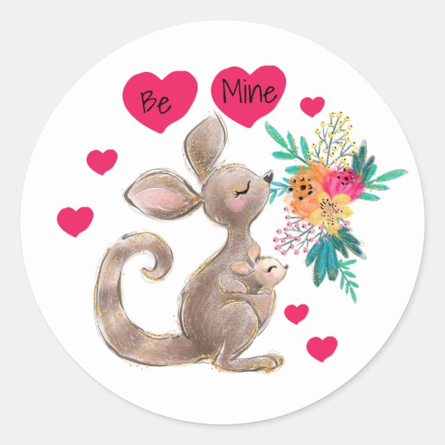 Be Mine Mom & Baby Kangaroo Sticker (Front)