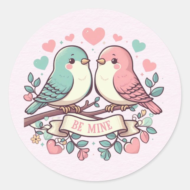 Be Mine Pink and Blue Lovebirds Classic Round Sticker (Front)