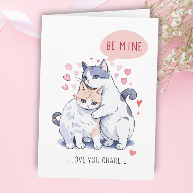 Be Mine Sweet Adorable Cat Couple Valentine's Day Holiday Card (Be Mine Sweet Adorable Tabby Cats Valetine's Day Holiday Card)
