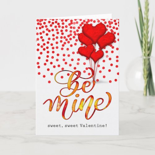 Be Mine Sweet Valentine Heart Balloons Watercolor Holiday Card