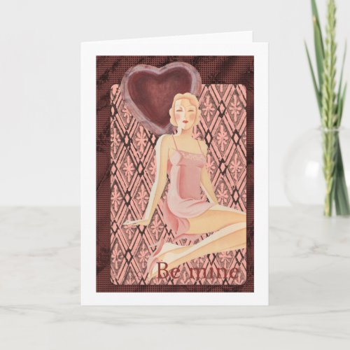 Be Mine Valentine art deco woman red dress heart Holiday Card