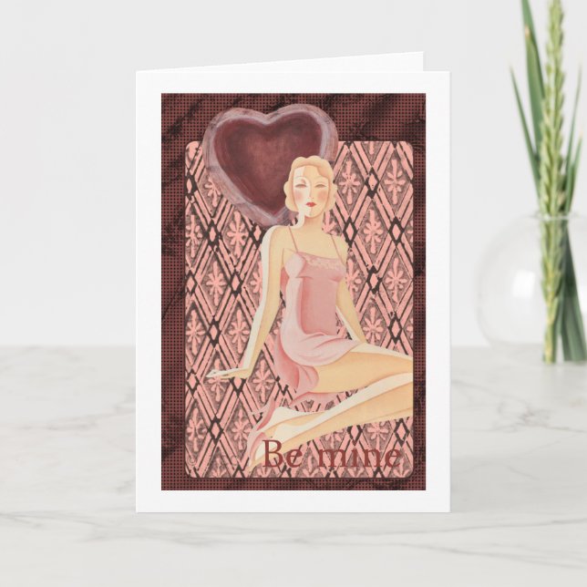 Be Mine Valentine art deco woman red dress heart Holiday Card (Front)