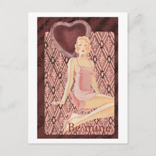 Be Mine Valentine art deco woman red dress heart Holiday Postcard