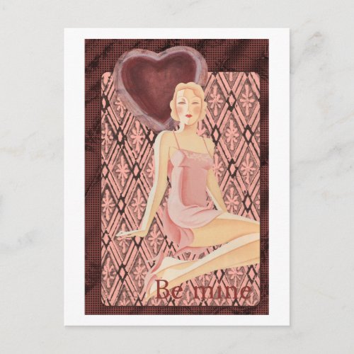 Be Mine Valentine art deco woman red dress heart Holiday Postcard