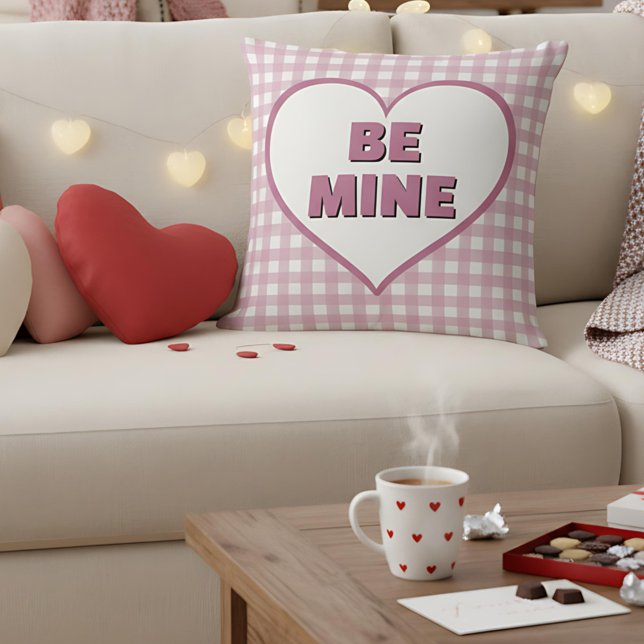 Be Mine Valentine Pink and White Plaid Gingham Throw Pillow (Creator Uploaded)