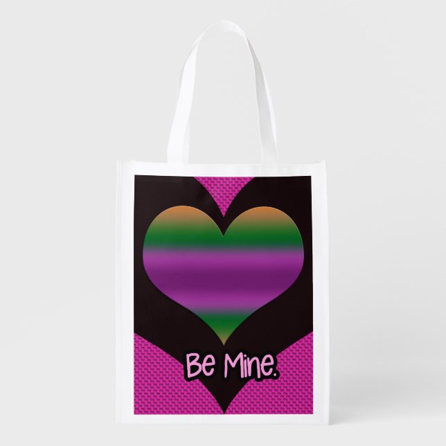 Be Mine Valentine Purple Stripe Heart Reusable Grocery Bag (Front)