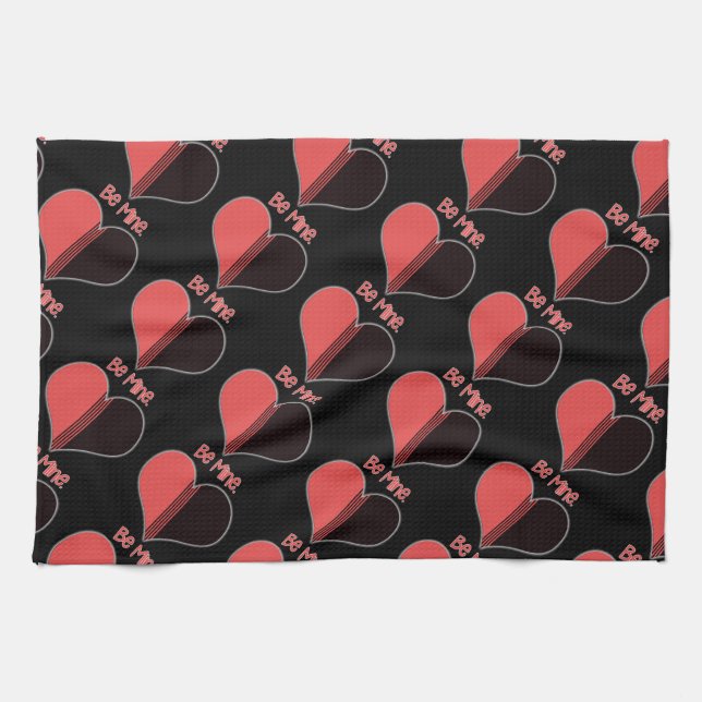 Be Mine Valentine Red Stripe Heart Kitchen Towel (Horizontal)