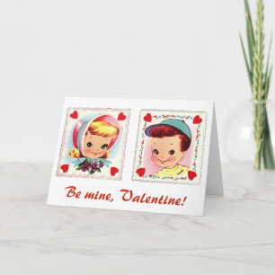Be Mine Valentine Retro Cute Boy and Girl Holiday Card