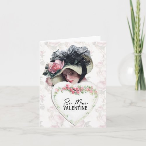 Be Mine Valentine Vintage Lady Rose Floral Hat  Card