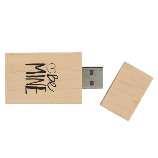 Be Mine Valentine's | Black Brush Script Wood USB Flash Drive (Opened)