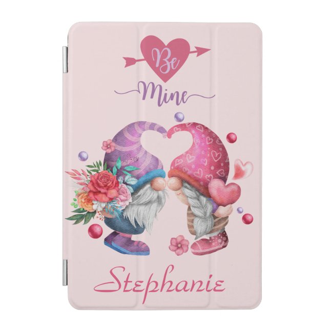Be Mine Valentine's Gnome Couple Monogrammed iPad Mini Cover (Front)
