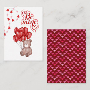 Be Mine Watercolor Bear with Red Balloons School Note Card