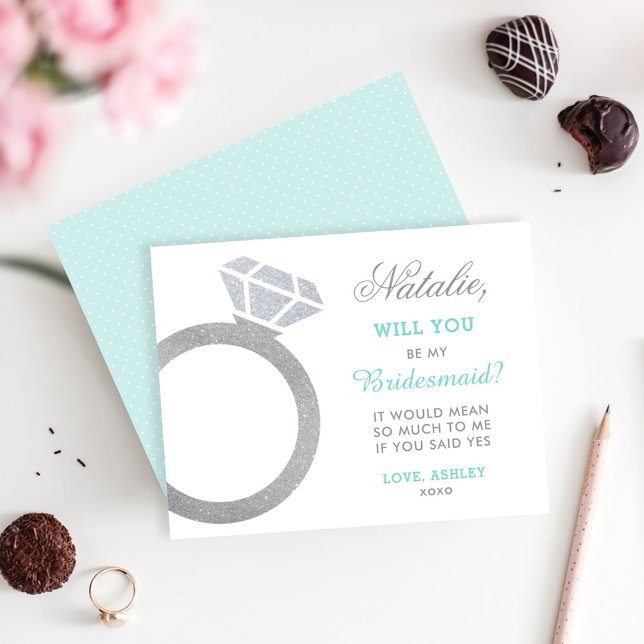 Be My Bridesmaid Aqua Diamond Ring Custom Name Invitation (Creator Uploaded)