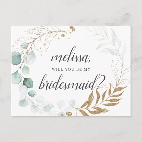 Be My Bridesmaid Boho Eucalyptus Leaves Invitation Postcard