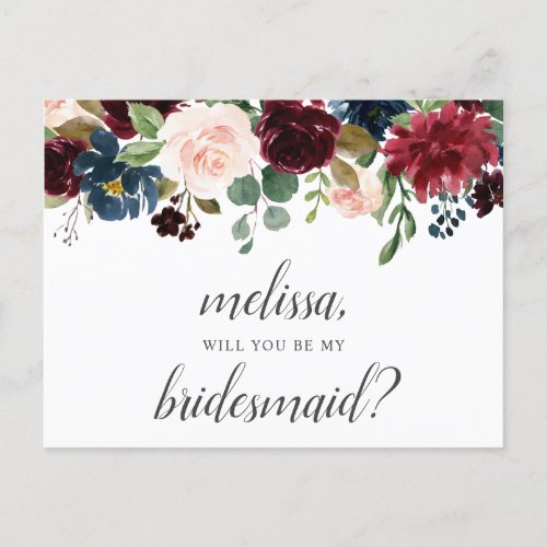Be My Bridesmaid Burgundy Blue Flowers Invitation Postcard