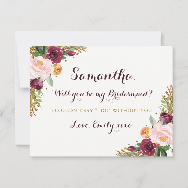 Be My Bridesmaid Card Burgundy Gold Floral Glitter (Front)