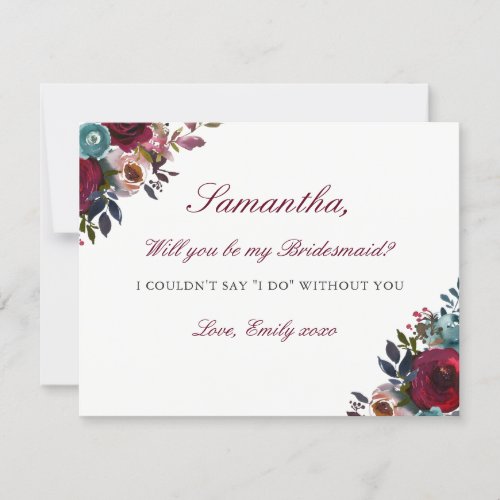 Be My Bridesmaid Card Burgundy Watercolor Floral
