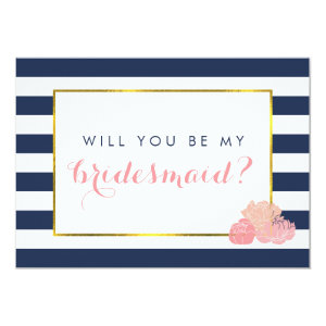 Be My Bridesmaid Card | Navy Stripe & Blush Peony
