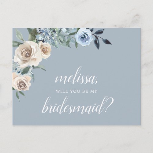 Be My Bridesmaid Dusty Blue Beige Flowers Boho Inv Invitation Postcard