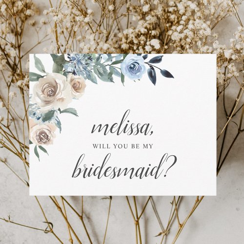 Be My Bridesmaid Dusty Blue Beige Flowers Boho Inv Invitation Postcard
