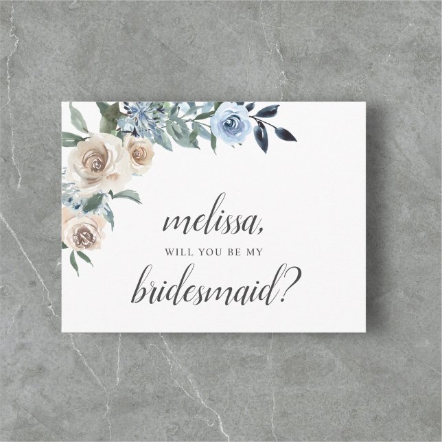 Be My Bridesmaid Dusty Blue Beige Flowers Boho Inv Invitation Postcard (Creator Uploaded)