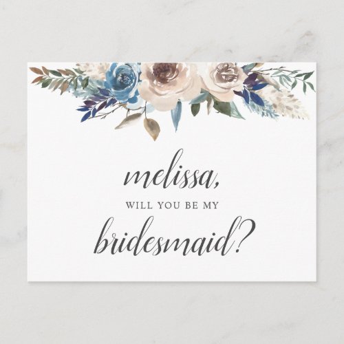 Be My Bridesmaid Dusty Blue Beige Flowers Boho Invitation Postcard