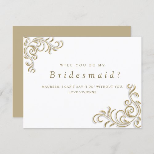 Be my bridesmaid elegant gold scroll wedding invitation
