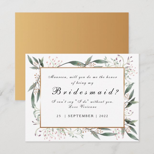 Be My Bridesmaid  elegant green leaf gold Invitation (Front/Back)