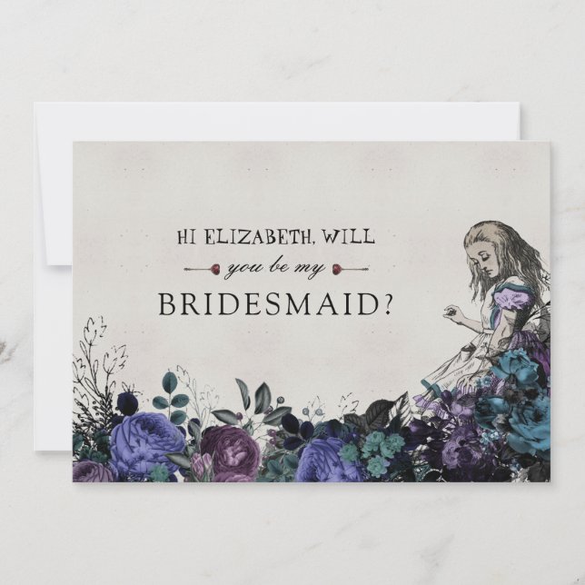Be My Bridesmaid Floral Gray Alice in Wonderland Invitation (Front)