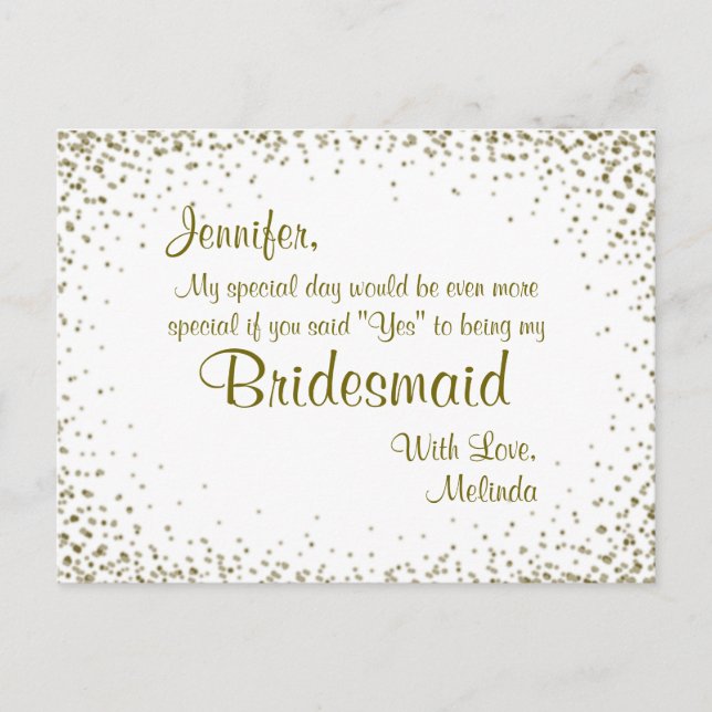 Be My Bridesmaid | Gold Confetti Postcard (Front)