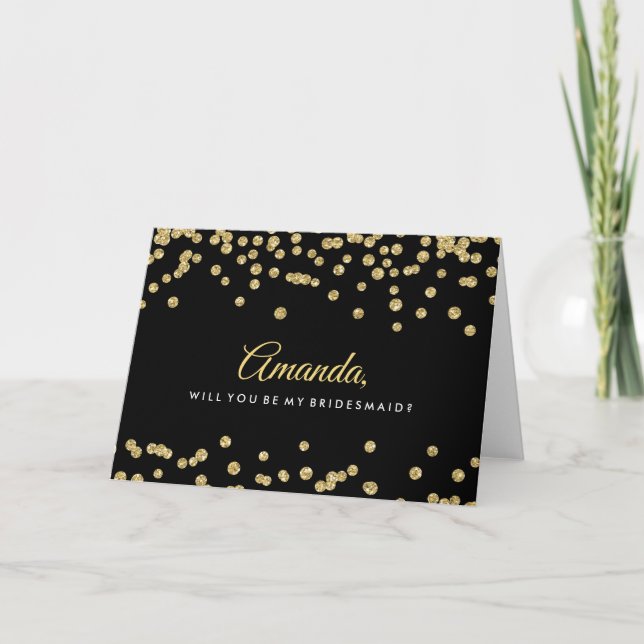 Be My Bridesmaid Gold Faux Glitter Confetti Black Invitation (Front)
