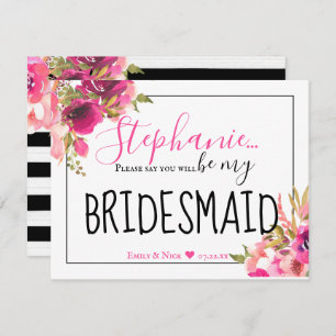 Be My Bridesmaid Hot Pink Floral and Black Invitation