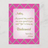 Be My Bridesmaid | Hot Pink Quatrefoil Postcard