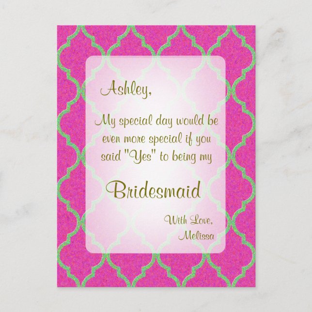 Be My Bridesmaid | Hot Pink Quatrefoil Postcard (Front)