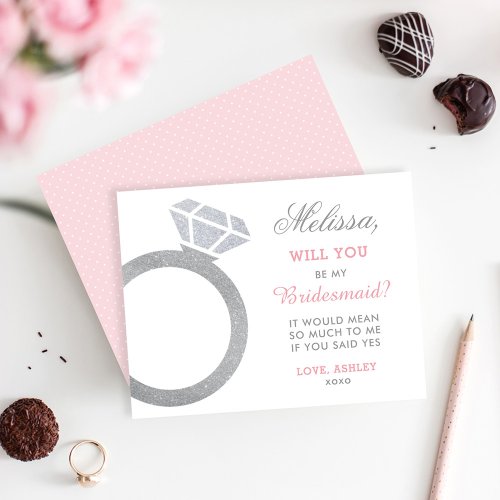 Be My Bridesmaid Pink Diamond Ring Custom Name Invitation