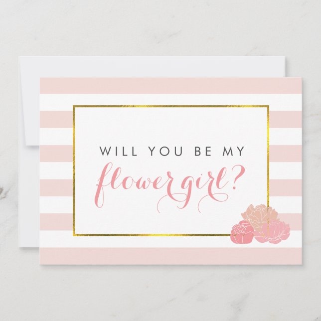 Be My Flower Girl Card | Pink Stripe Blush Peony (Front)