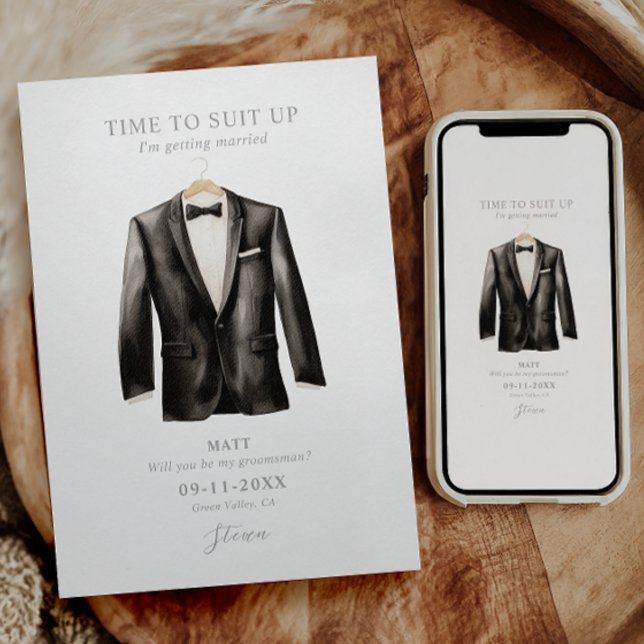 Be My Groomsman Watercolor Black & White Tuxedo Invitation (Creator Uploaded)
